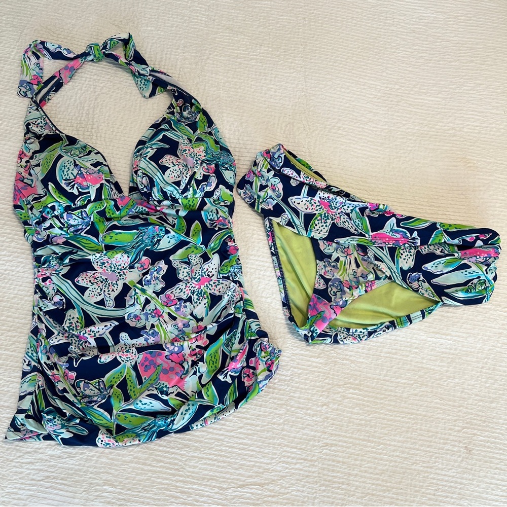 Lilly Pulitzer Bliss Halter Tankini and Lagoon Sarong bottom set Deep Sea Navy 4